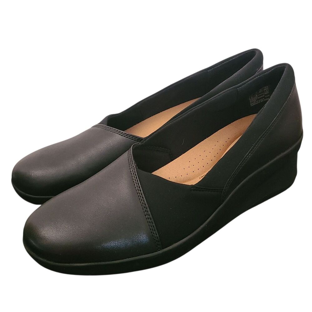 Clarks Women's Suttyn Walk Leather Wedges Black Leather Sz 11 New Nwob $100Msrp
